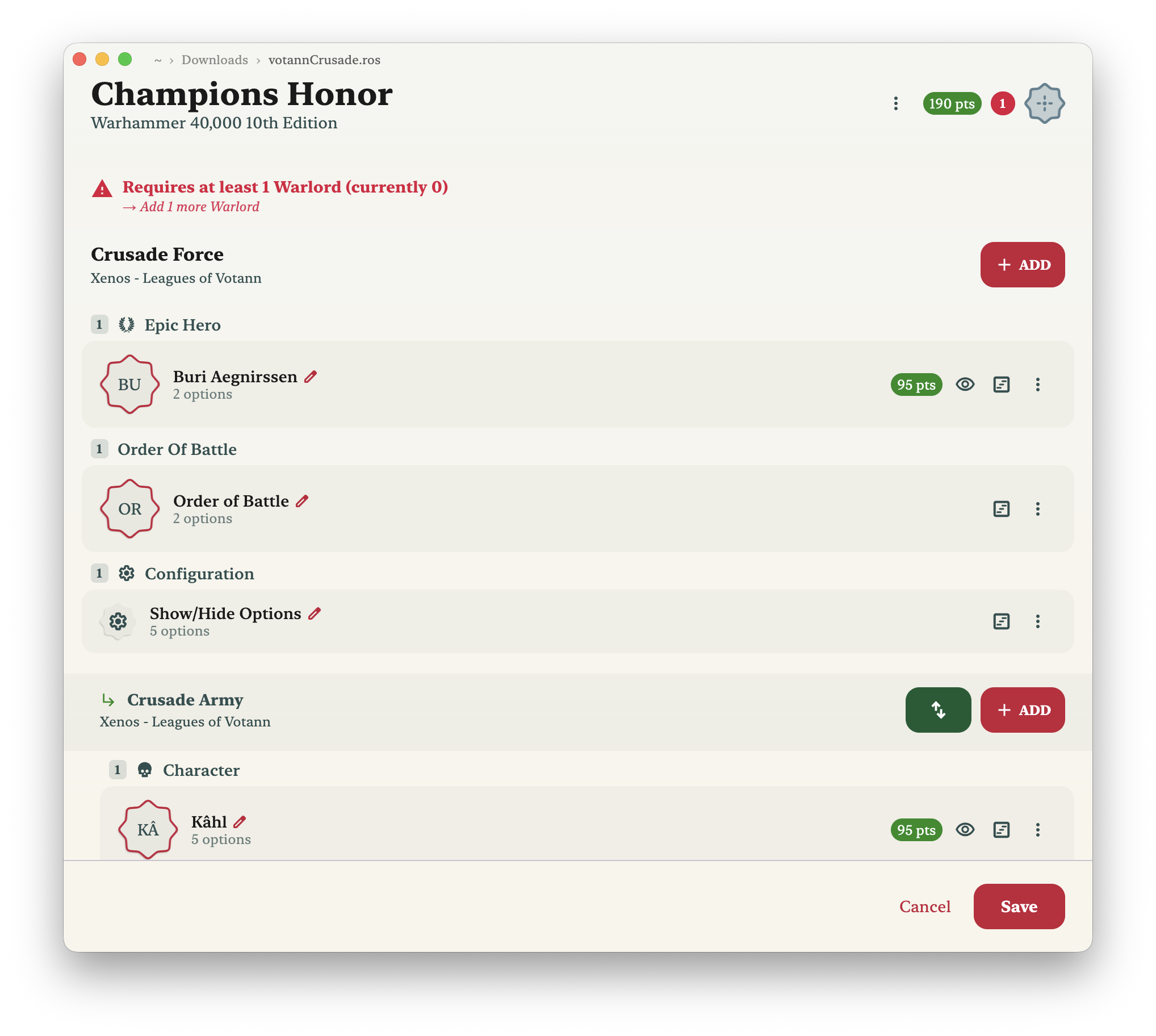 Forces Desktop showing a Crusade roster with a Crusade Force parent and Crusade Army child force