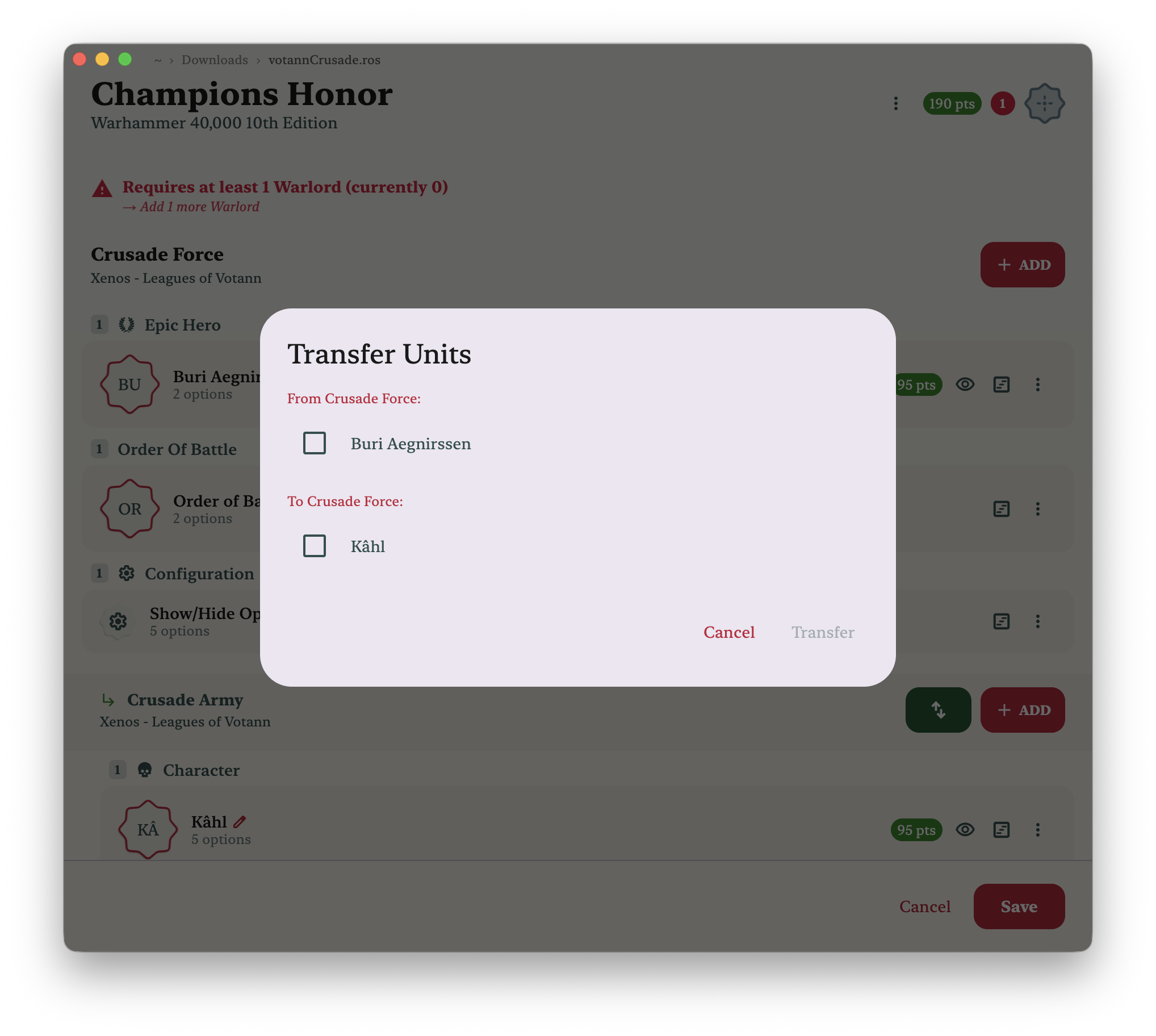 The Transfer Units sheet, showing units available to move in both directions