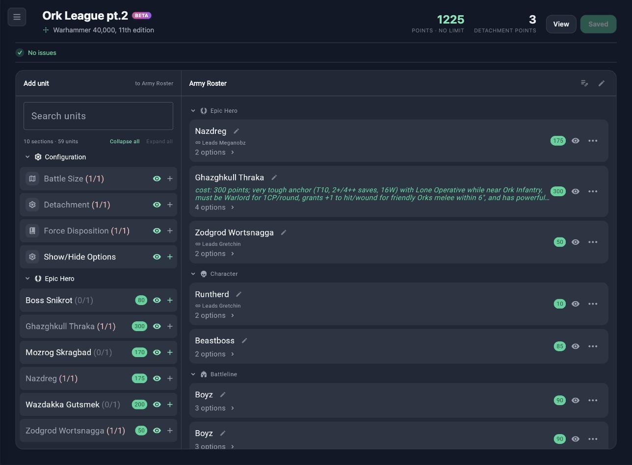 The Forces roster editor in a web browser: add units on the left, the army list in the middle, with live points and validation